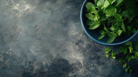 A top view of fresh green mint leaves in a bowl on a textured dark surface. Perfect for food styling, culinary arts, or herbal themes.の素材