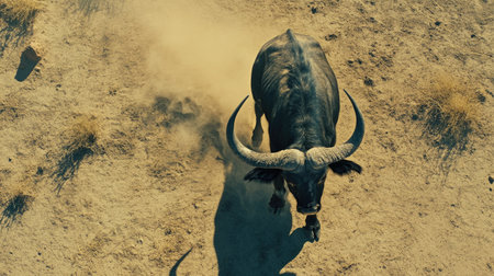 A majestic bull roams through a dusty landscape, showcasing its strength and beauty. The scene captures the essence of wildlife in a natural setting.の素材