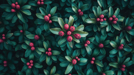 A stunning closeup of vibrant green leaves interspersed with red berries creates a rich, textured background perfect for nature-themed projects.の素材