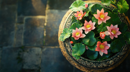 A stunning arrangement of elegant lotus flowers in a decorative pot, surrounded by lush green leaves, creating a serene outdoor setting perfect for decoration.の素材