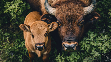 A heartwarming scene of a mother and calf in a lush green setting, showcasing their bond and the tranquility of nature. Perfect for animal lovers.の素材