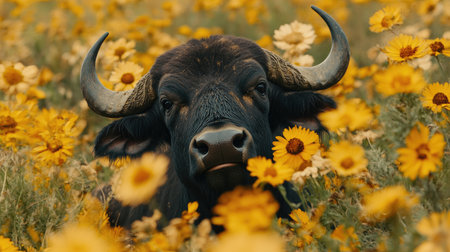 A serene buffalo stands amidst a field of vibrant yellow flowers, capturing the beauty of nature in a rural landscape. Perfect for nature lovers.の素材