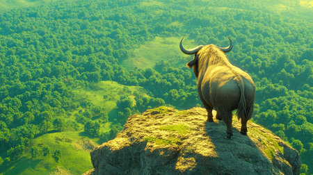 A majestic bull stands on a rocky outcrop, gazing over a vast and lush landscape. This serene view captures the beauty of nature and wildlife.の素材
