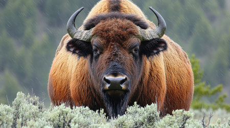 A powerful bison stands majestically in its natural habitat, surrounded by greenery. This wildlife portrait captures the strength and tranquility of one of North America's iconic mammals.の素材