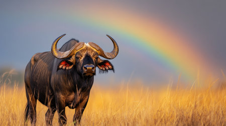 A majestic buffalo stands proudly in a golden grassland, framed by a vibrant rainbow. This stunning wildlife scene captures the beauty of nature and tranquility.の素材