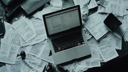 A chaotic workspace featuring a laptop surrounded by scattered papers and documents, depicting the hustle of modern work life and creativity.の素材