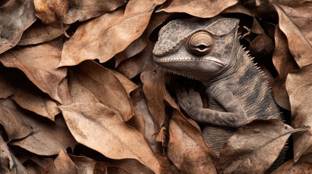 A lizard blends perfectly with dry leaves, showcasing nature's camouflage. This close-up captures the intricate texture of its skin amid earthy tones.の素材