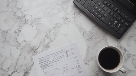 A professional workspace featuring a marble desk with a calculator, paperwork, and a coffee cup. Ideal for business, finance, and work themes.の素材