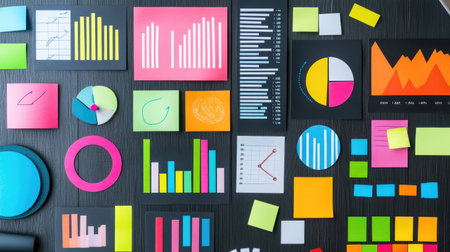 A vibrant layout of charts, graphs, and sticky notes ideal for data analysis and planning. Perfect for presentations or brainstorming sessions in a modern workspace.の素材