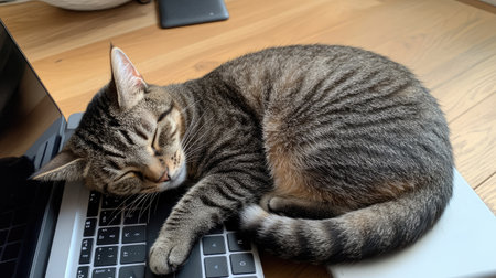A cozy cat sleeping peacefully on a laptop keyboard, capturing the essence of comfort and tranquility in a home workspace setting. This image showcases the warmth of companionship.の素材