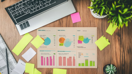 A vibrant office workspace displaying colorful data charts and graphs. The organized setup features a keyboard, sticky notes, and a plant, enhancing creativity and productivity.の素材