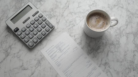 A serene workspace image featuring a cup of coffee, a calculator, and paperwork on a marble table, perfect for business or study settings.の素材