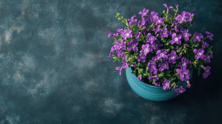 A gorgeous arrangement of vibrant purple flowers in a decorative pot, set against a textured background, perfect for enhancing home decor and adding a touch of nature.の素材