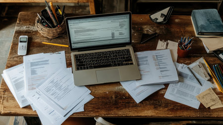 A cluttered workspace featuring a laptop, scattered documents, and writing tools, perfect for illustrating productivity and organization in an office setting.の素材