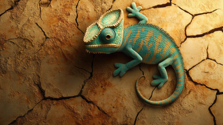 A vibrant chameleon resting on a cracked earth surface captures nature's beauty. This detailed portrait highlights the unique colors and textures of the reptile.の素材