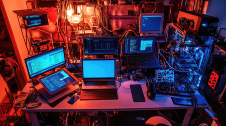 A vibrant tech workspace featuring multiple devices, illuminated by ambient lighting. This setup showcases modern technology and a creative environment for productivity and innovation.の素材