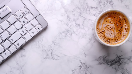 A serene workspace featuring a cup of coffee beside a keyboard on a marble surface, perfect for showcasing productivity, comfort, and modern aesthetics.の素材