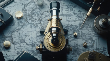 A beautiful antique microscope rests on a vintage map, evoking a sense of exploration and discovery in the world of science and adventure.の素材