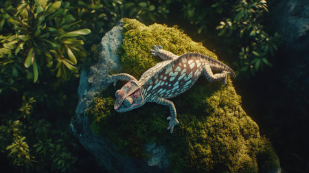 A colorful lizard rests on a moss-covered rock, showcasing its vibrant patterns. This lively scene captures the beauty of wildlife in a serene natural setting.の素材