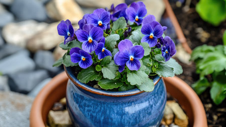 A stunning display of vibrant purple flowers in a decorative pot. This image captures the beauty of nature, perfect for gardening and spring themes.の素材