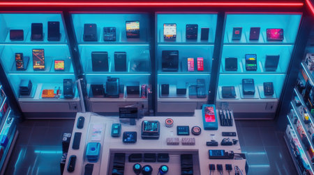 A vibrant tech store display showcasing modern gadgets and devices under colorful lighting, inviting customers to explore the latest innovations in technology.の素材
