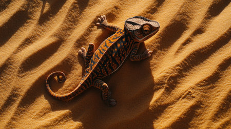A vibrant lizard lies on warm desert sand, showcasing intricate patterns and colors. This wildlife scene captures the beauty of nature in a serene environment.の素材