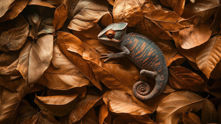 A vibrant chameleon rests among brown autumn leaves, showcasing its colorful skin and intricate patterns. This serene moment celebrates nature's beauty.の素材