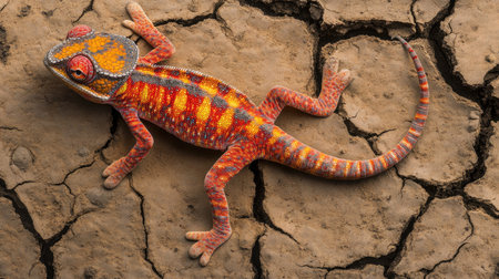 A vibrant lizard perched on cracked earth, showcasing vivid patterns and colors. This image captures the essence of wildlife in a dry environment.の素材
