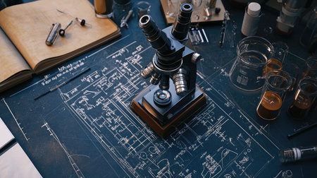 A detailed scientific workspace featuring a microscope resting on blueprints, surrounded by glassware and tools, representing innovation and research.の素材