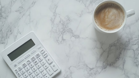 A top-down view of a white calculator next to a cup of coffee on a marble surface. This image captures a serene workspace ideal for financial calculations or morning routines.の素材