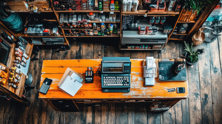 A charming vintage shop interior showcasing a wooden counter filled with unique items, including eclectic decor and stationery. The rustic ambiance invites creativity.の素材