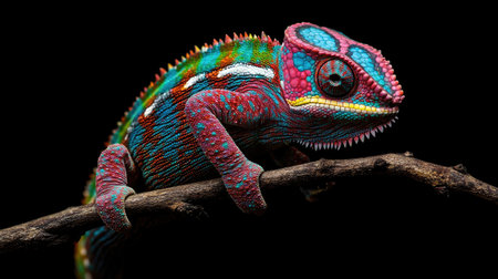 A stunning close-up of a vibrant chameleon resting on a branch. Its colorful scales exhibit intricate patterns against a black background, showcasing nature's beauty.の素材