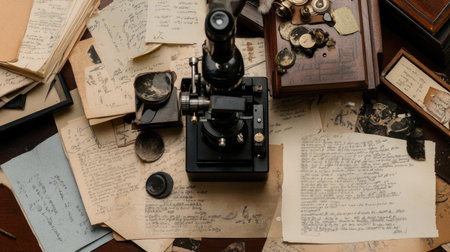 A vintage microscope sits atop a collection of old documents and notes, evoking a sense of historical research and scientific exploration in a quaint workspace.の素材