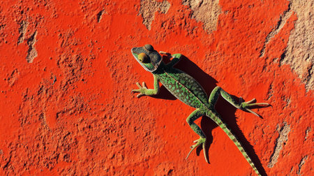 A vibrant green lizard rests on a textured orange wall, showcasing its colorful scales and intricate patterns. The sunlight casts beautiful shadows.の素材