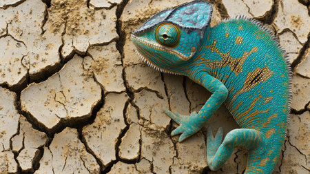 A vibrant chameleon rests on cracked soil, showcasing its unique textures and colors. This captivating image highlights the beauty of wildlife and nature.の素材