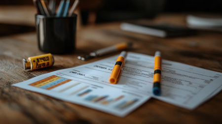 A cozy office workspace featuring documents, pens, and stationery on a wooden desk. Ideal for showcasing organization and productivity in creative settings.の素材