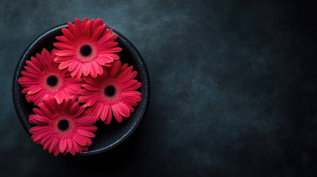 A stunning arrangement of vibrant red gerbera flowers in a black bowl atop a dark backdrop, perfect for adding elegance to any space or project.の素材