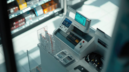 A modern payment terminal setup in a retail environment, showcasing advanced technology for seamless transactions. Ideal for illustrating modern business operations.の素材