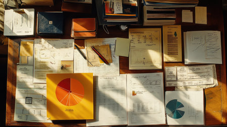A detailed office workspace featuring various documents, charts, and stationery, creating an organized environment for planning and analysis activities.の素材