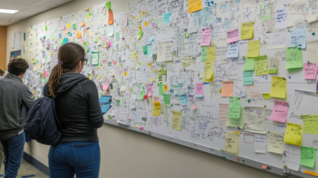 A vibrant brainstorming session showcasing a wall filled with colorful sticky notes. Participants engage in creative collaboration, generating innovative ideas.の素材