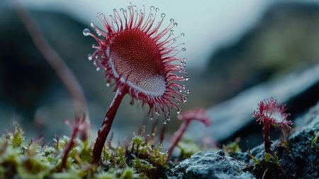 Close-up view of a striking red sundew plant adorned with dew drops, showcasing intricate details on rocky terrain, highlighting nature's beauty.の素材