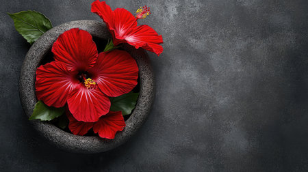A stunning arrangement of vibrant red hibiscus flowers in a textured stone bowl, set against a dark background, perfect for enhancing any space's aesthetics.の素材
