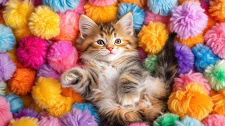 A charming kitten lies on a bed of vibrant pom poms, showcasing its playful spirit and fluffy fur. This adorable scene captures the joy of pets.の素材