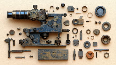 A collection of vintage mechanical tools and parts arranged artistically on a light background, showcasing intricate details and textures.の素材