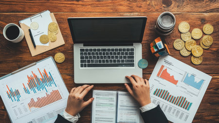 A top-down view of a business workspace featuring a laptop, charts, and coins. Analyzing data and trends helps in effective decision-making.の素材