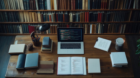 A cozy workspace featuring a laptop on a wooden desk surrounded by books, stationery, and a warm lamp, ideal for studying and creativity.の素材