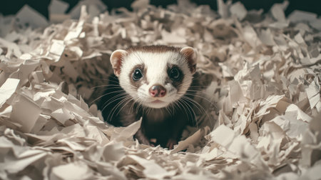 A curious ferret peeks out from a nest of shredded paper, showcasing its playful and inquisitive nature. This adorable animal captures the essence of companionship and joy.の素材