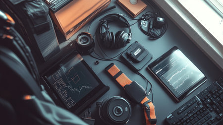 A modern workspace featuring various technology and gadgets, including headphones, tablets, and charts, ideal for productivity and creativity in a professional environment.の素材
