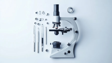 A scientific microscope surrounded by essential laboratory tools on a clean white surface, ideal for research, education, and analysis in various scientific fields.の素材