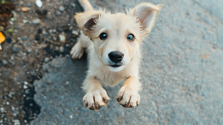 A joyful puppy leaps with excitement against a textured background, showcasing its playful nature and adorable features. Perfect for capturing moments of joy.の素材